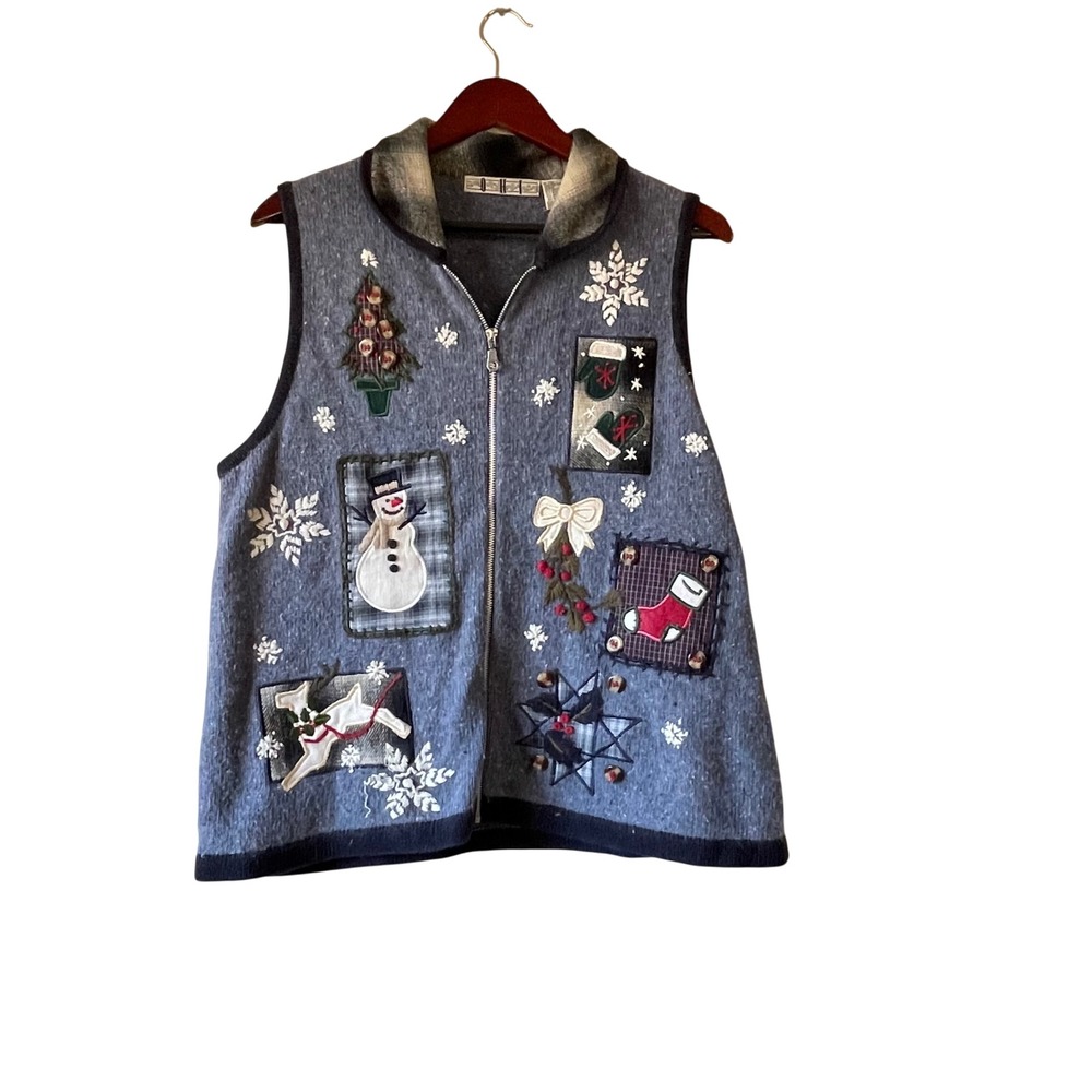 Vintage Womens Christmas Vest Snowman  Applique Zipper Size XL‎